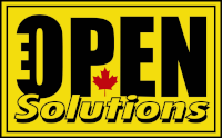 The eOpen logo. A yellow box with bold EOPEN Solutions text and a Canada maple leaf.